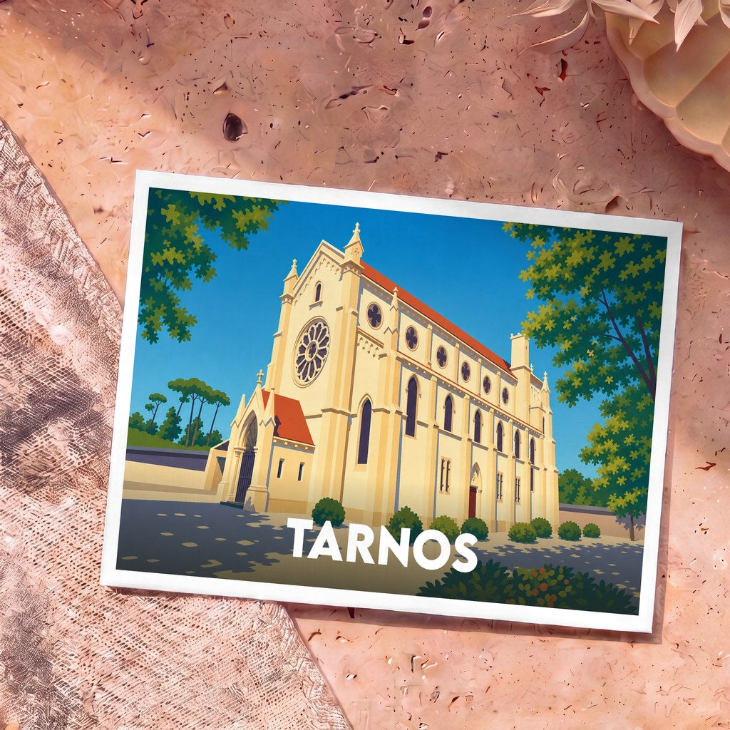 Carte postale souvenir de la ville de Tarnos illustrant son église dans un style graphique épuré.