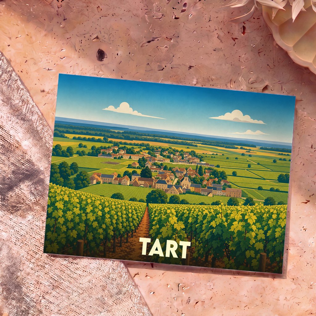 Carte postale souvenir de la ville de Tart illustrant des vignobles et un village dans un style graphique épuré.