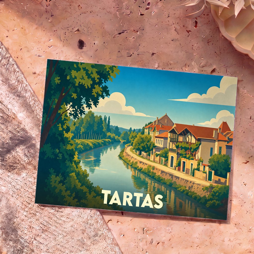 Carte postale souvenir de la ville de Tartas illustrant les bords de la Midouze dans un style vintage.
