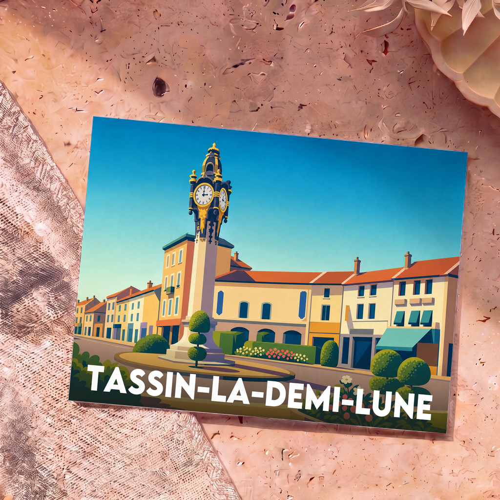 Carte postale souvenir de la ville de Tassin-la-Demi-Lune avec une illustration stylisée de son horloge monumentale.