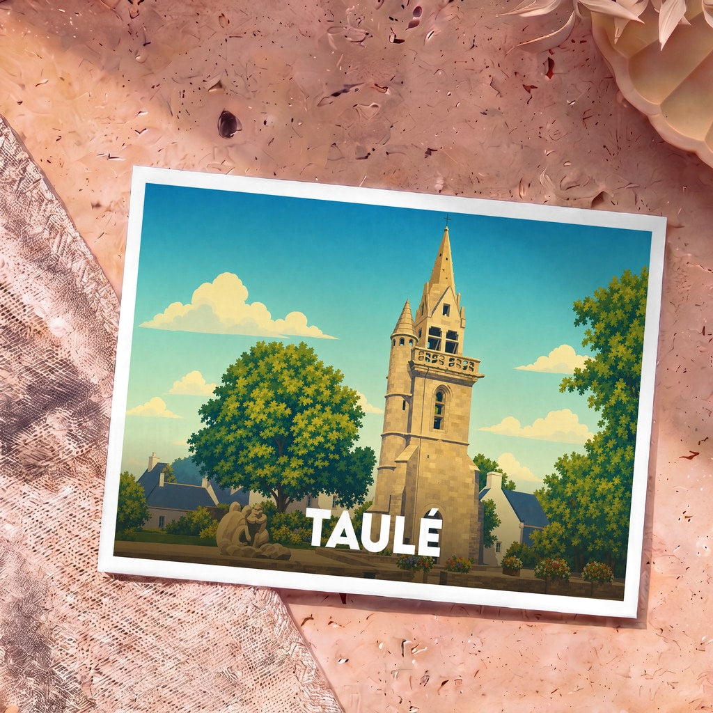 Carte postale souvenir de la ville de Taulé avec une illustration stylisée de son église emblématique.