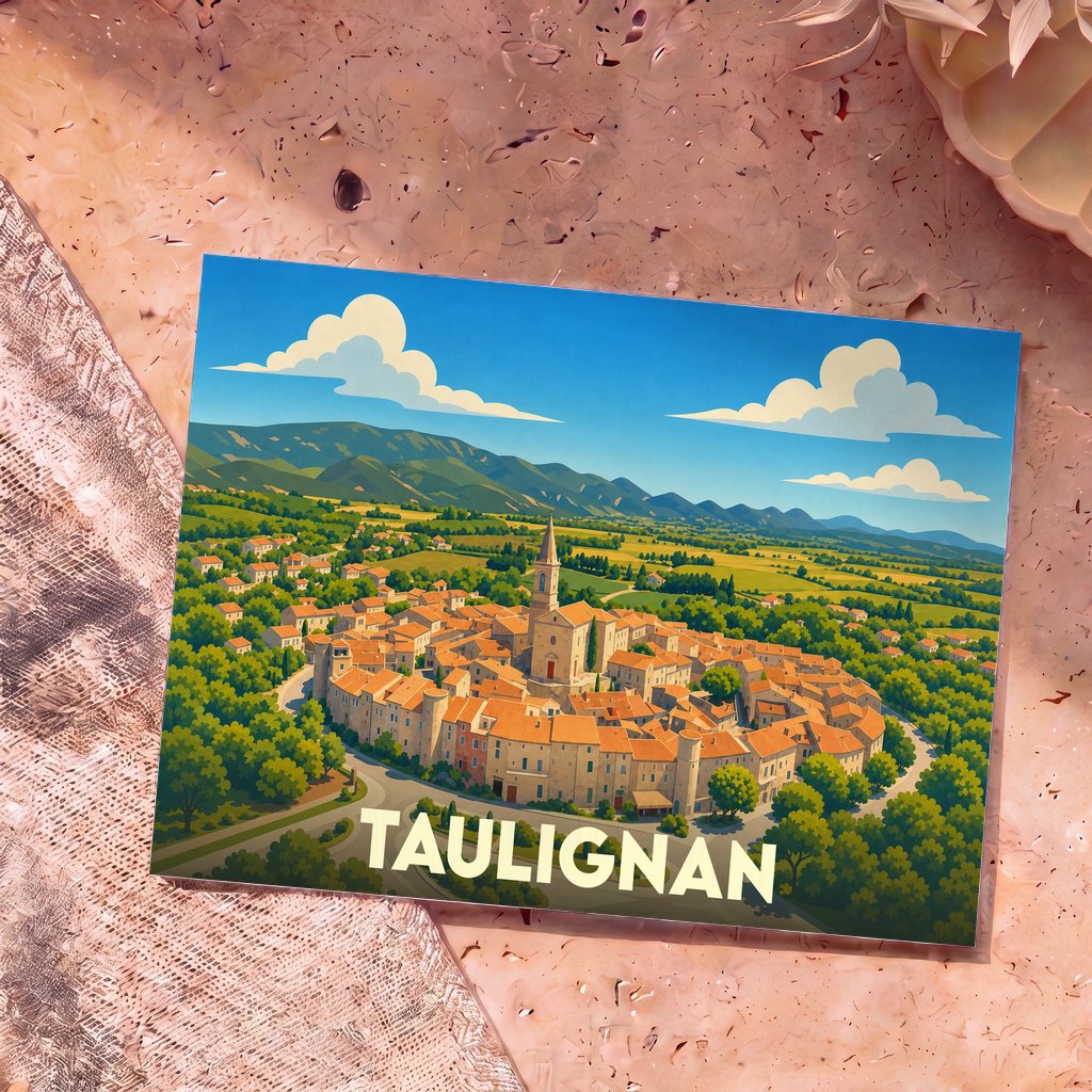 Carte postale souvenir de la ville de Taulignan avec une illustration stylisée montrant le village circulaire entouré de paysages verdoyants.