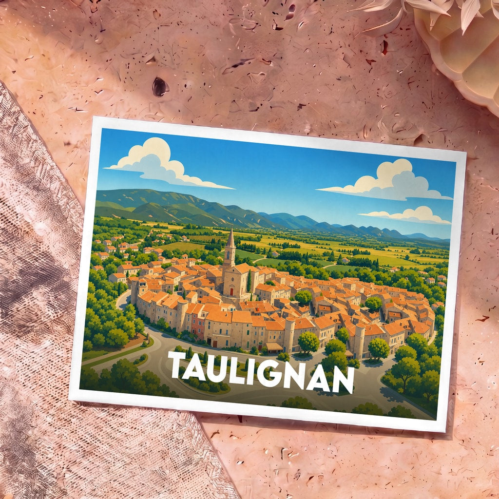 Carte postale souvenir de la ville de Taulignan avec une illustration stylisée montrant le village circulaire entouré de paysages verdoyants.