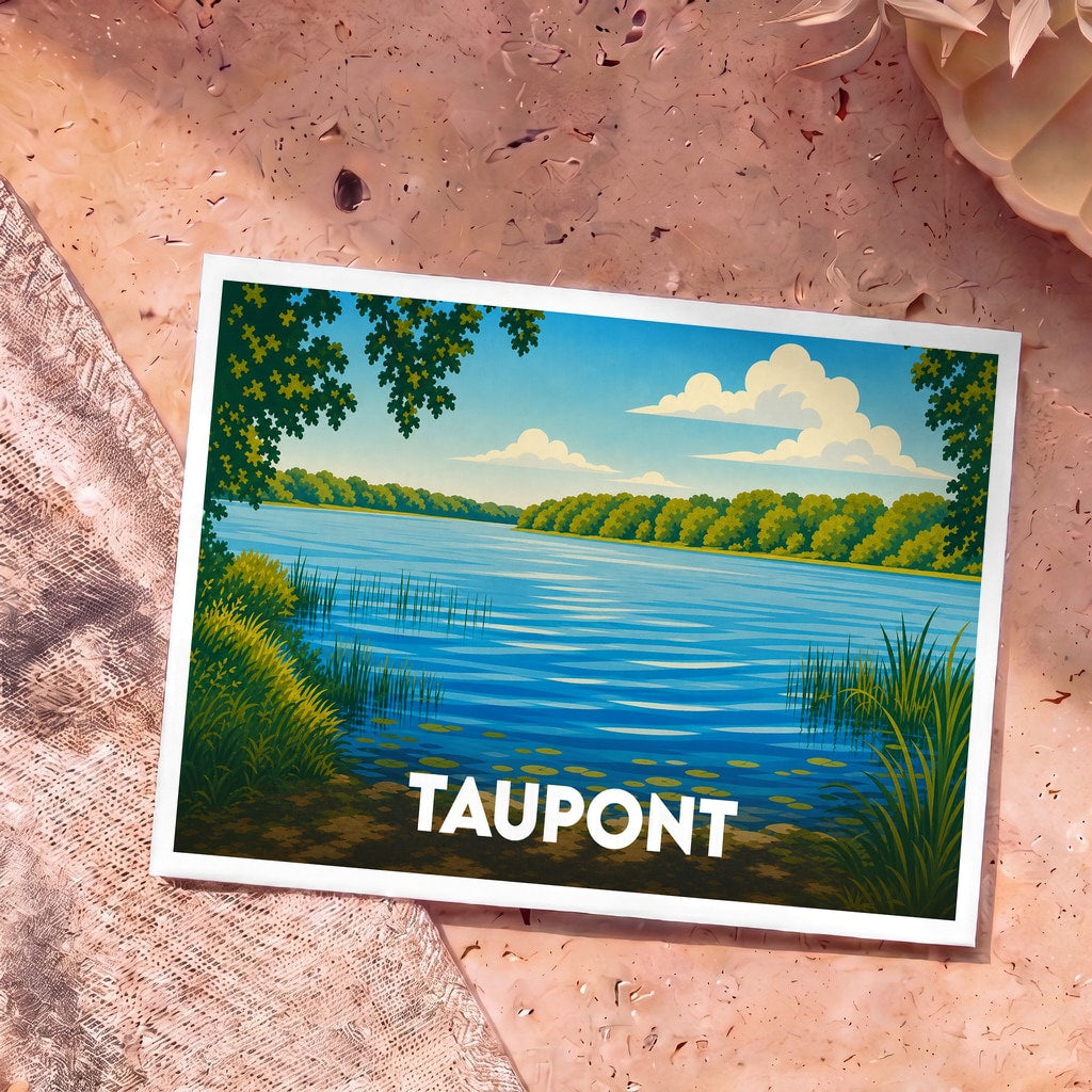 Carte postale souvenir de la ville de Taupont avec une illustration stylisée d'un lac bordé de végétation.