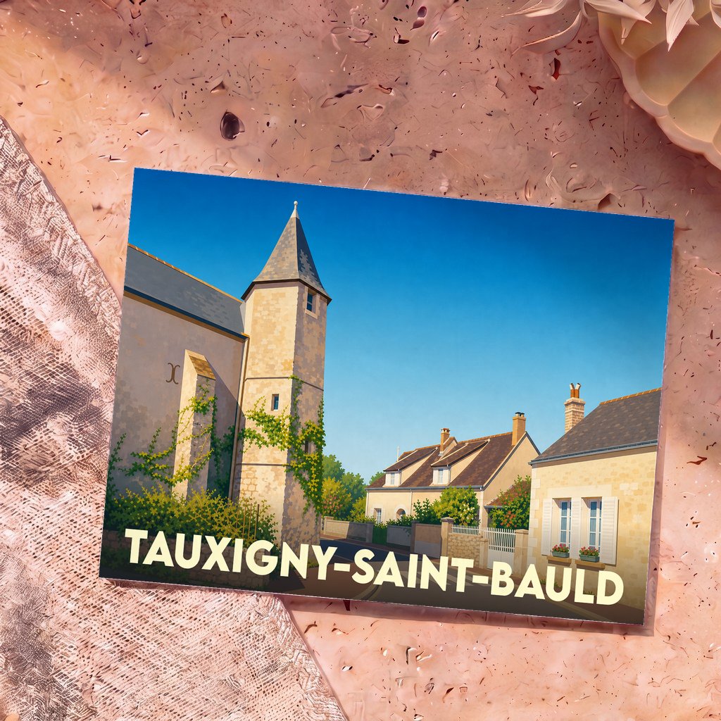Carte postale souvenir de la commune de Tauxigny-Saint-Bauld avec une illustration stylisée de son architecture traditionnelle.