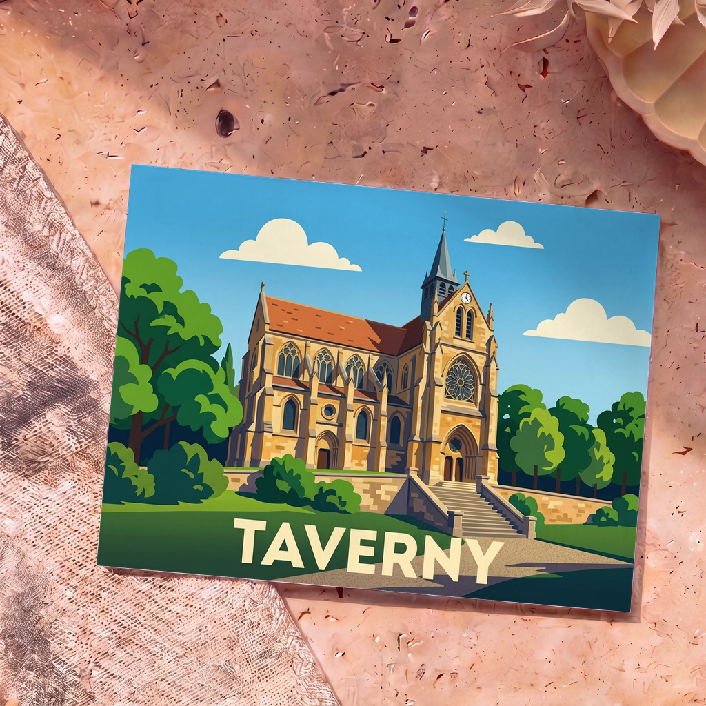 Carte postale souvenir de la ville de Taverny représentant son église dans un style illustré et coloré.