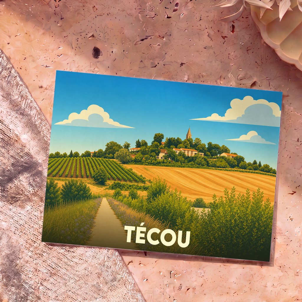 Carte postale souvenir de la ville de Técou arborant une illustration stylisée de son paysage vallonné, ses vignes et son église.