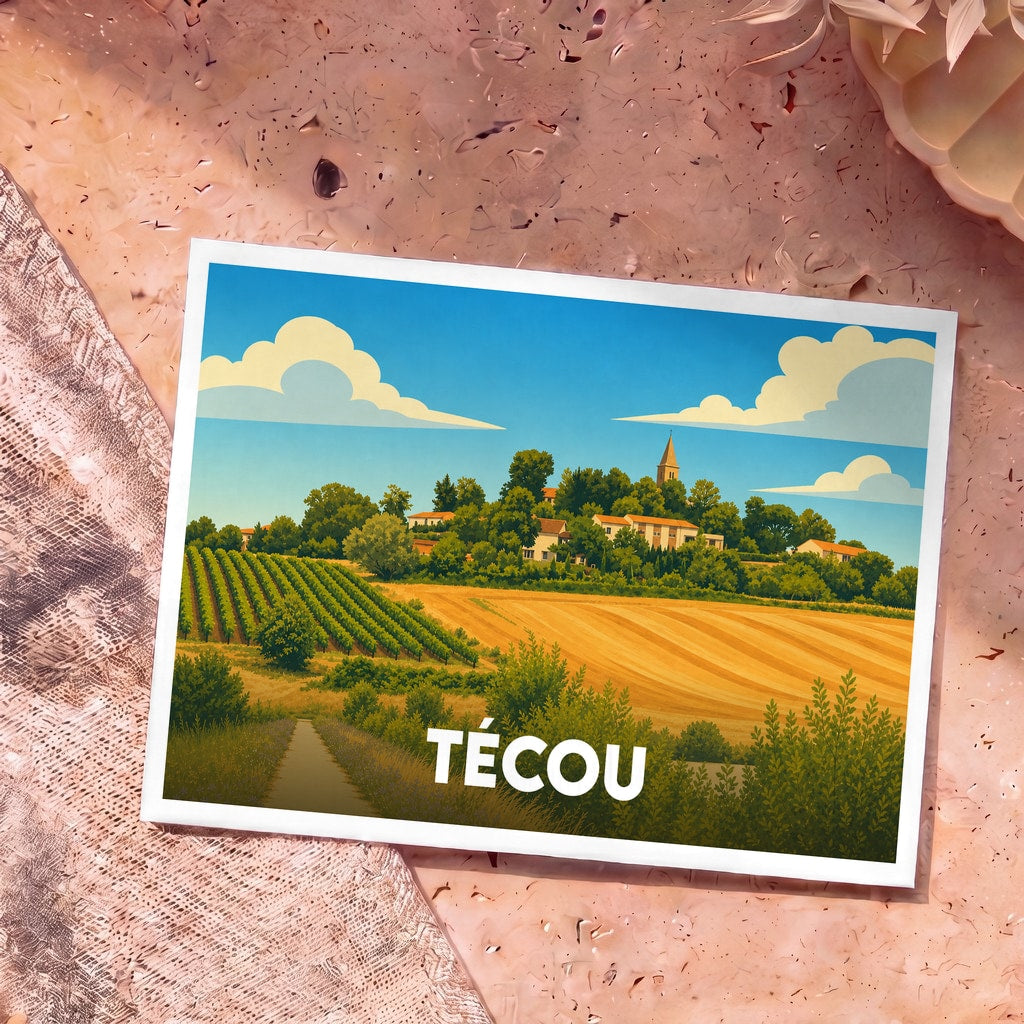 Carte postale souvenir de la ville de Técou arborant une illustration stylisée de son paysage vallonné, ses vignes et son église.