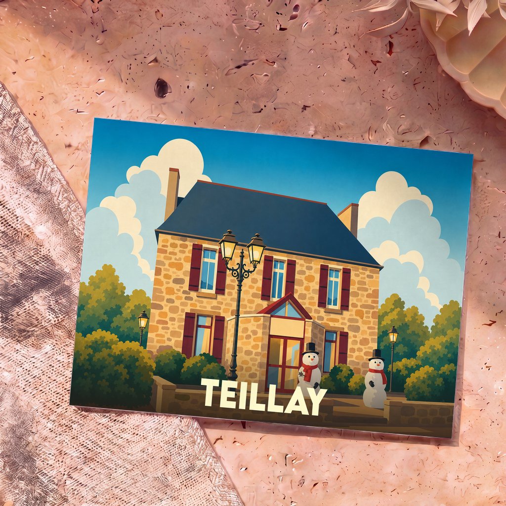 Carte postale souvenir de la ville de Teillay avec une illustration stylisée d'une maison en pierre et de bonhommes de neige.