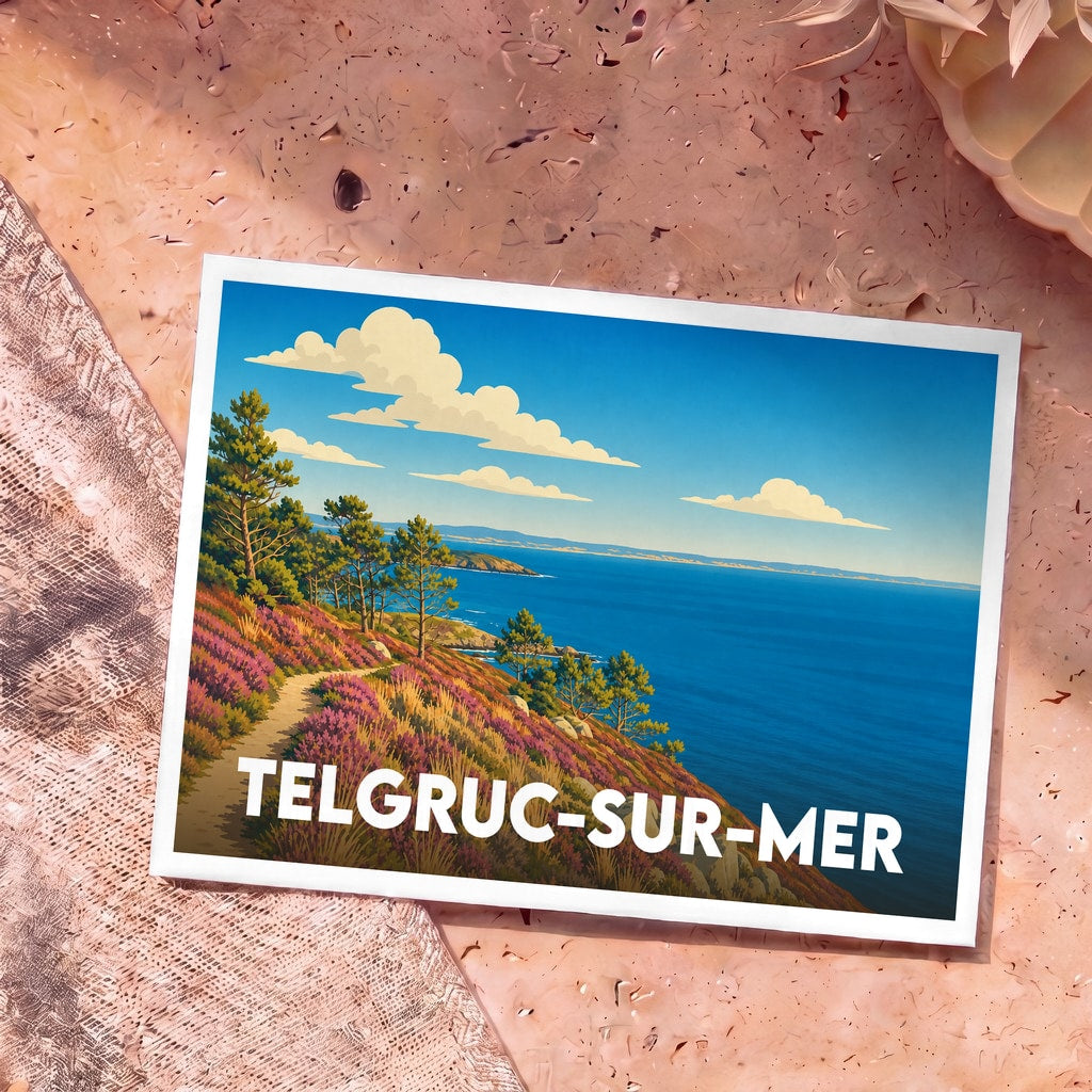 Carte postale souvenir de la ville de Telgruc-sur-Mer avec une illustration stylisée d'un littoral fleuri.