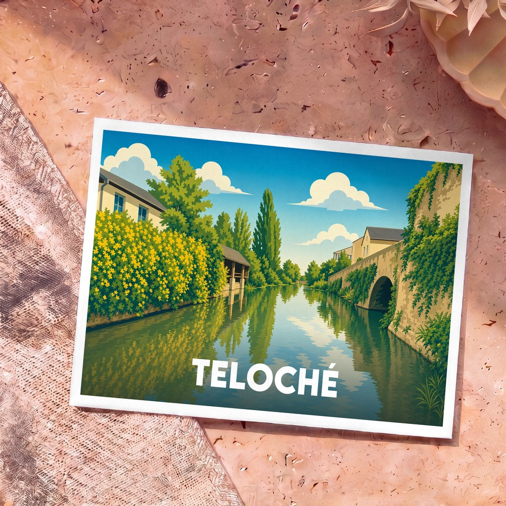 Carte postale souvenir de la ville de Teloché avec une illustration stylisée d'un canal bordé de fleurs et de maisons.