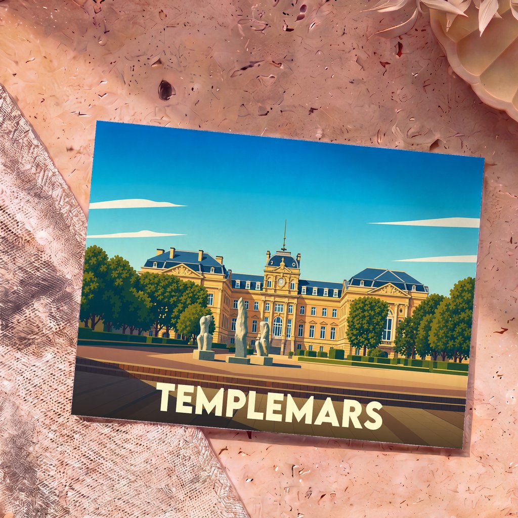 Carte postale souvenir de la ville de Templemars avec une illustration stylisée d'un palais classique.