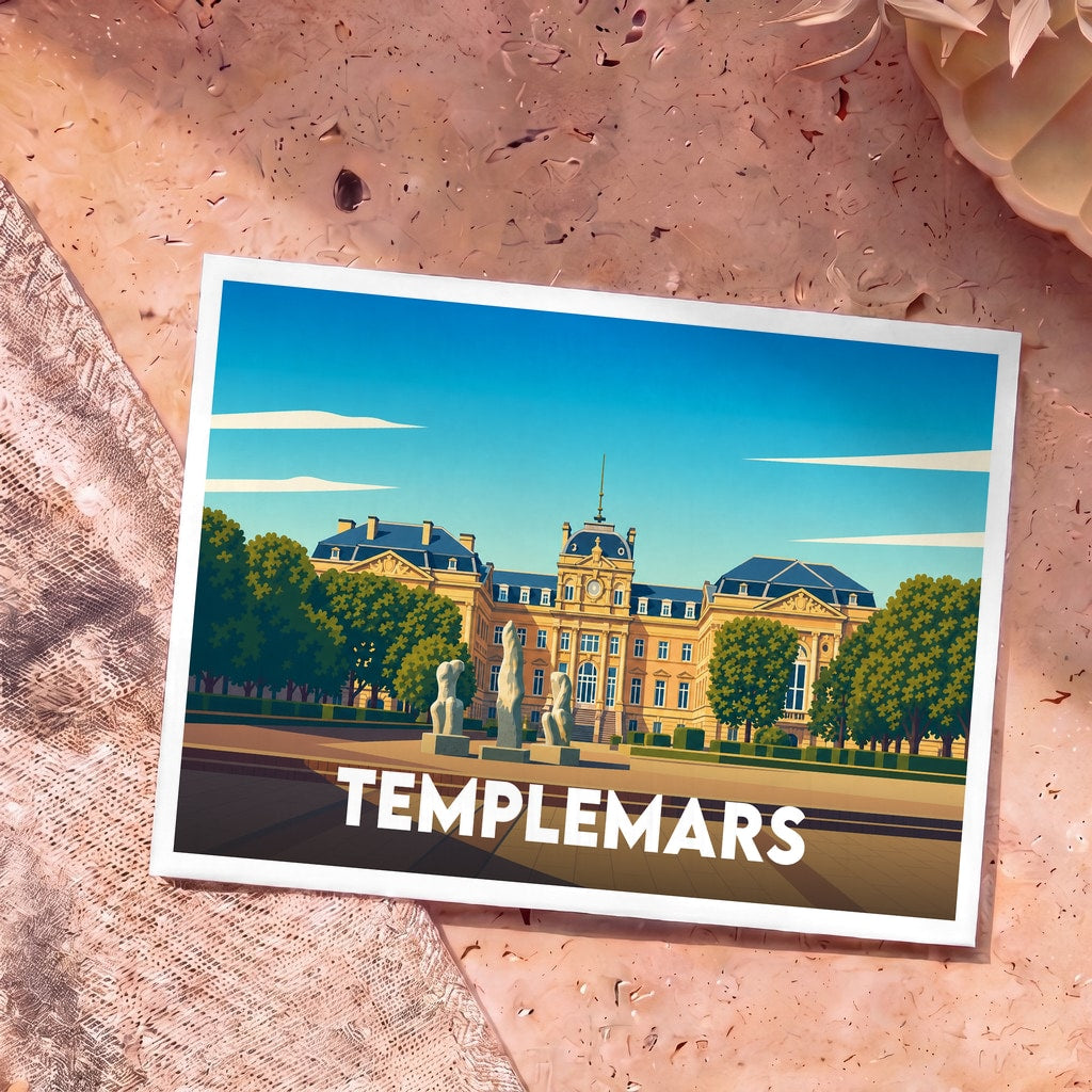 Carte postale souvenir de la ville de Templemars avec une illustration stylisée d'un palais classique.