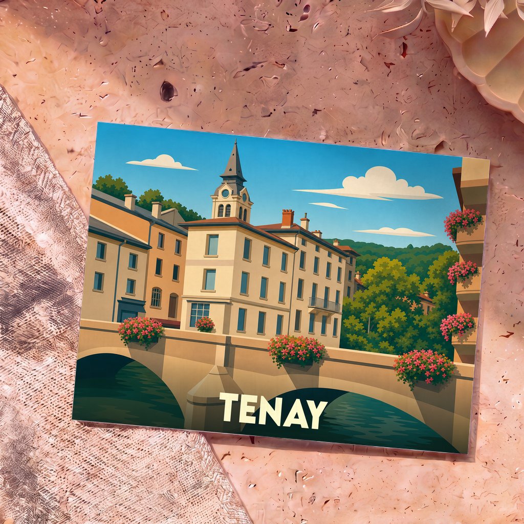 Carte postale souvenir de la ville de Tenay avec une illustration stylisée d'un pont et de bâtiments colorés.