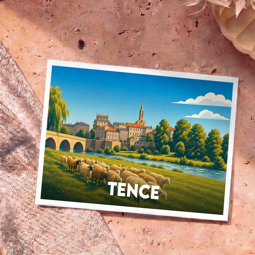 Carte postale souvenir de la ville de Tence illustrant un paysage bucolique avec un troupeau de moutons, une rivière et le village en arrière-plan.