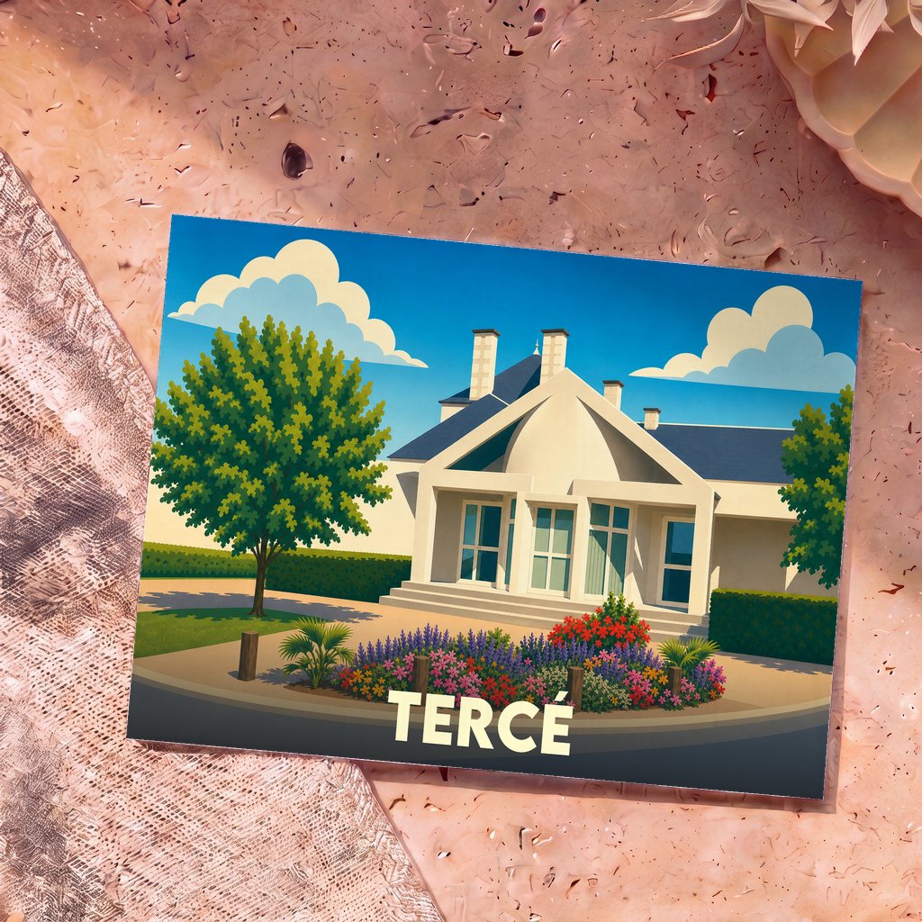 Carte postale souvenir de la ville de Tercé avec une illustration stylisée d'une maison et son jardin fleuri.