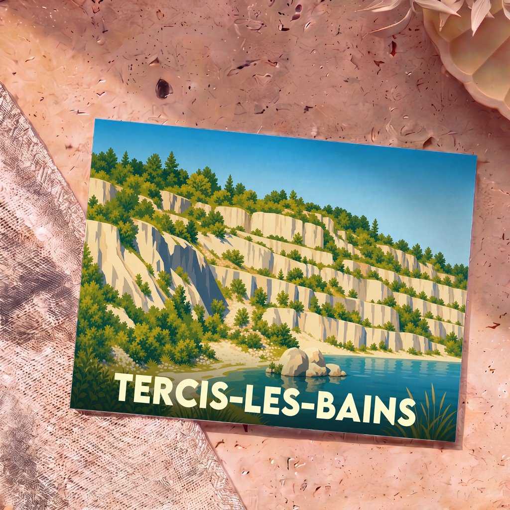 Carte postale souvenir de la ville de Tercis-les-Bains avec une illustration stylisée d'anciennes carrières en bord d'eau.