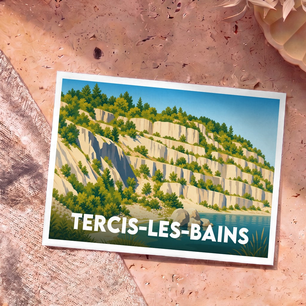 Carte postale souvenir de la ville de Tercis-les-Bains avec une illustration stylisée d'anciennes carrières en bord d'eau.
