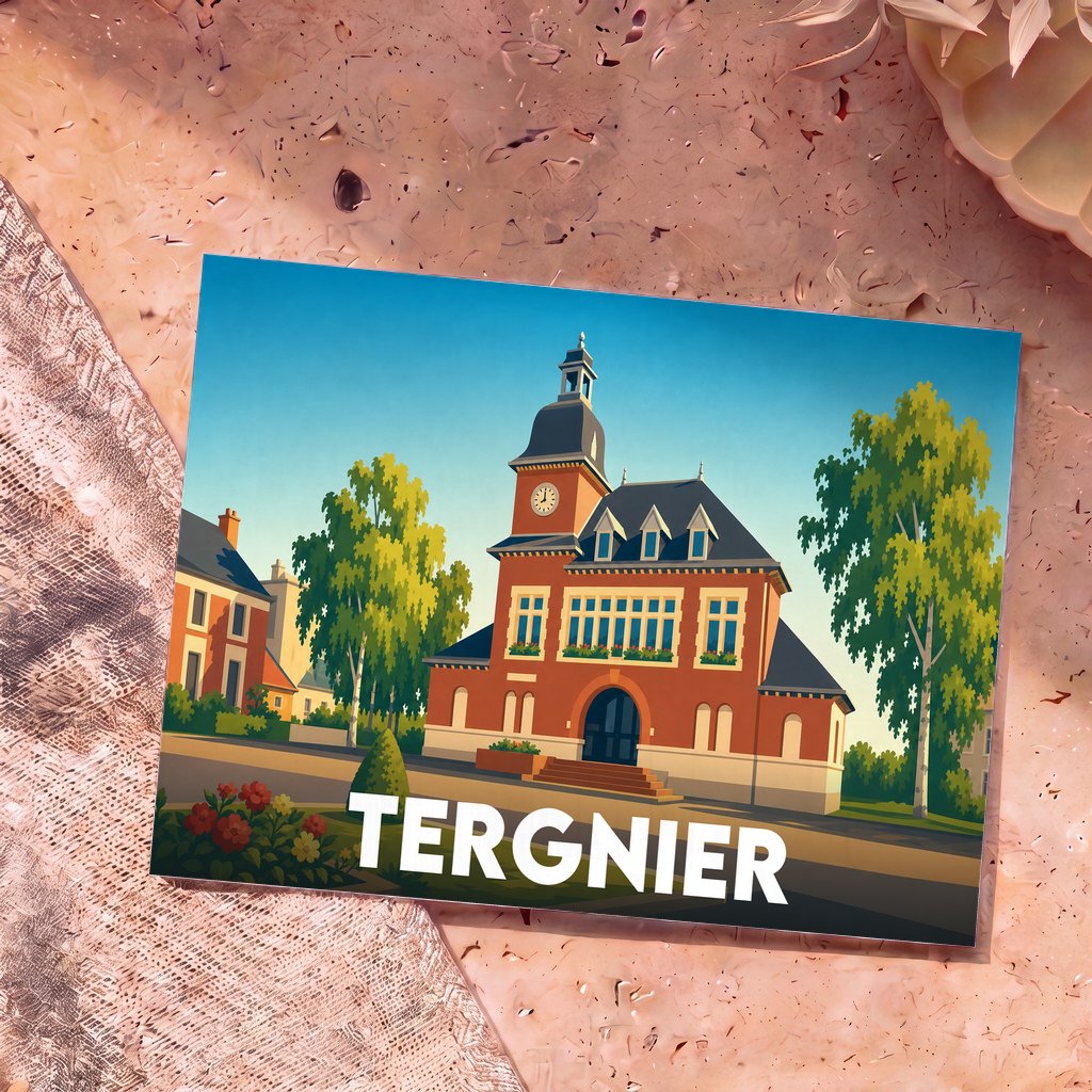 Carte postale souvenir de la ville de Tergnier avec une illustration stylisée de son hôtel de ville.
