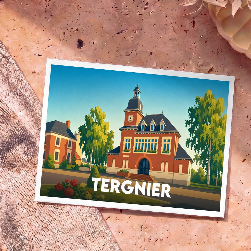 Carte postale souvenir de la ville de Tergnier avec une illustration stylisée de son hôtel de ville.