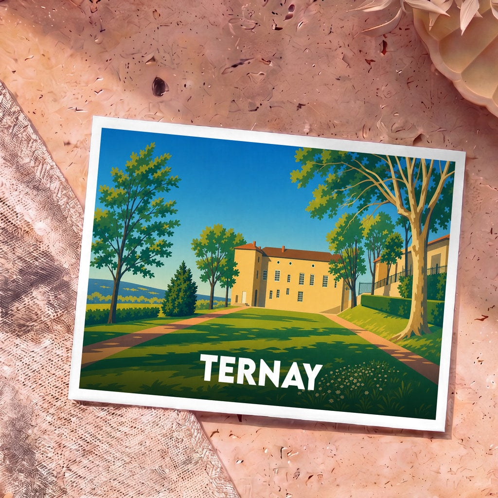 Carte postale souvenir de la ville de Ternay avec une illustration stylisée de son château et de son parc.