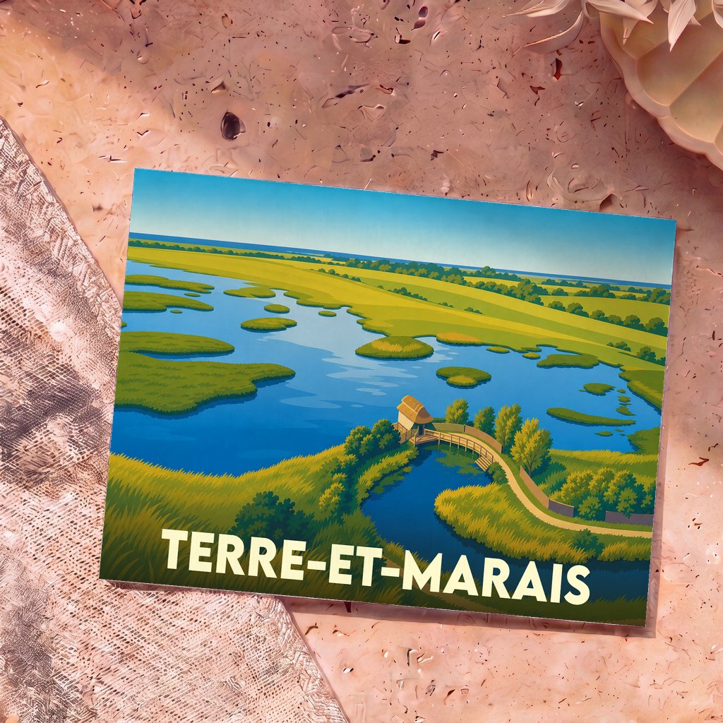 Carte postale souvenir de la ville de Terre-et-Marais avec une illustration stylisée de marais verdoyants.