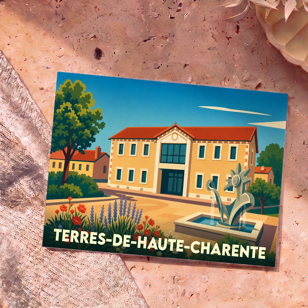 Carte postale souvenir de la ville de Terres-de-Haute-Charente avec une illustration stylisée.