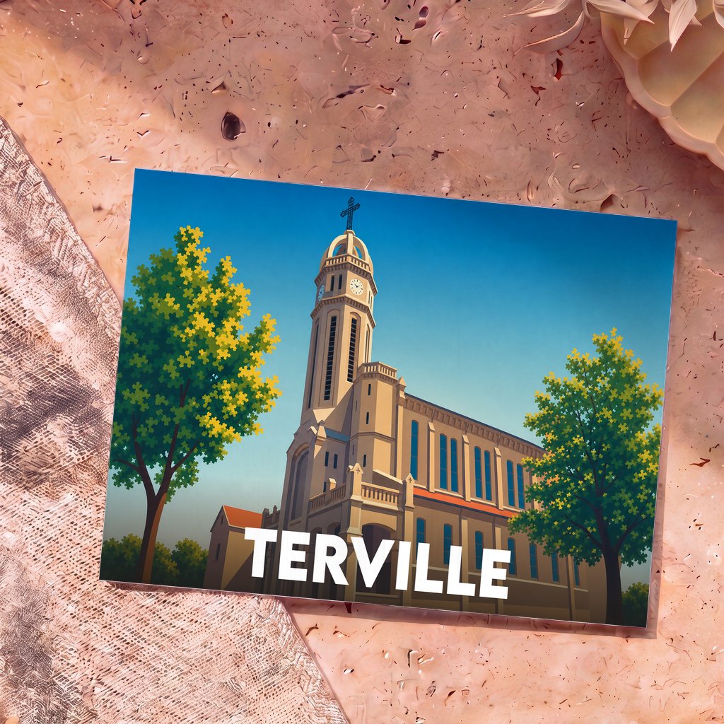 Carte postale souvenir de la ville de Terville illustrant son église dans un style graphique épuré.