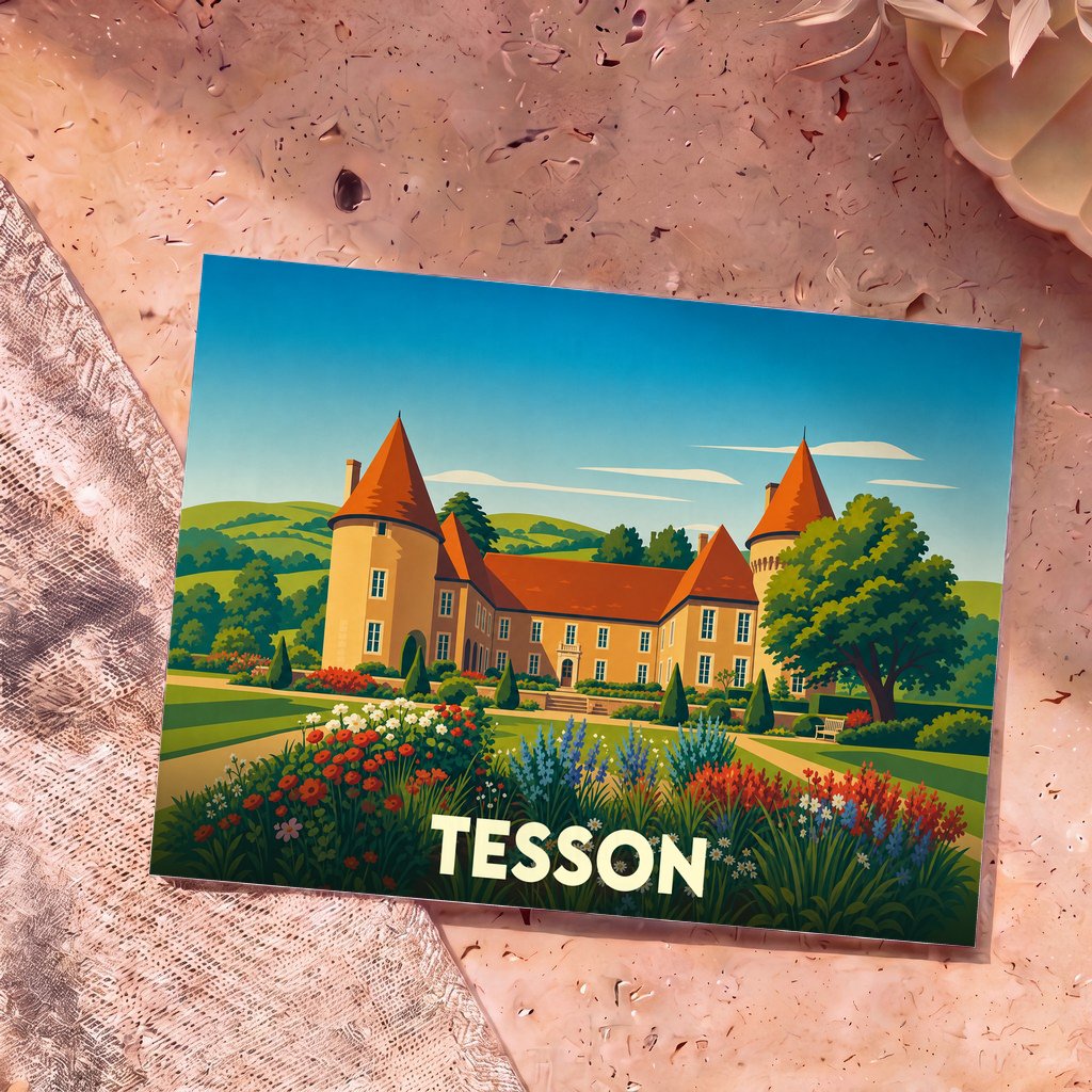 Carte postale souvenir de la ville de Tesson avec une illustration stylisée d'un château et de ses jardins fleuris.
