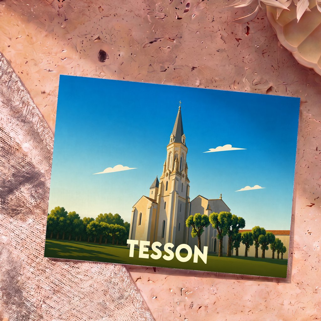 Carte postale souvenir de la ville de Tesson avec une illustration stylisée de son église et de son clocher.