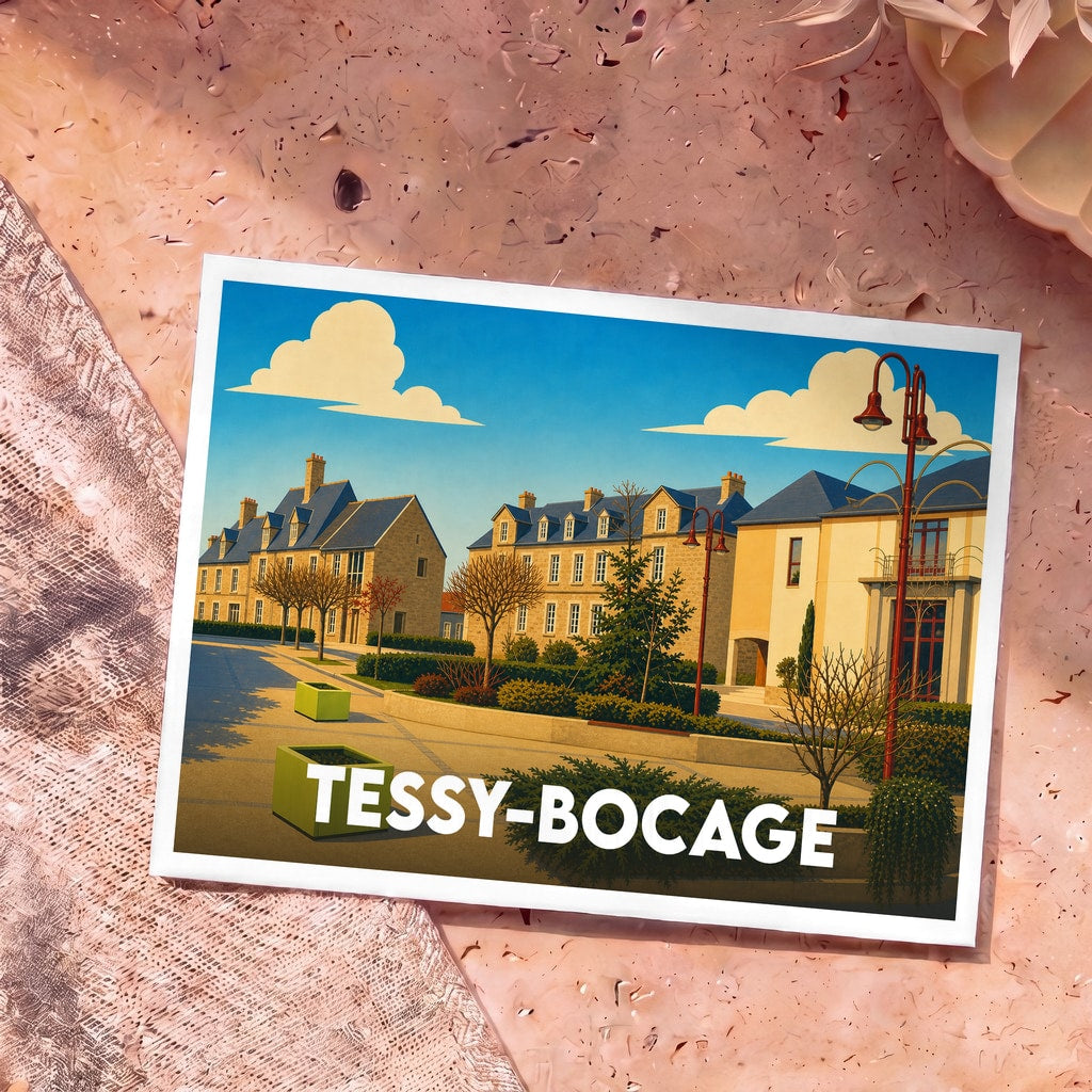 Carte postale souvenir de la ville de Tessy-Bocage avec une illustration stylisée.