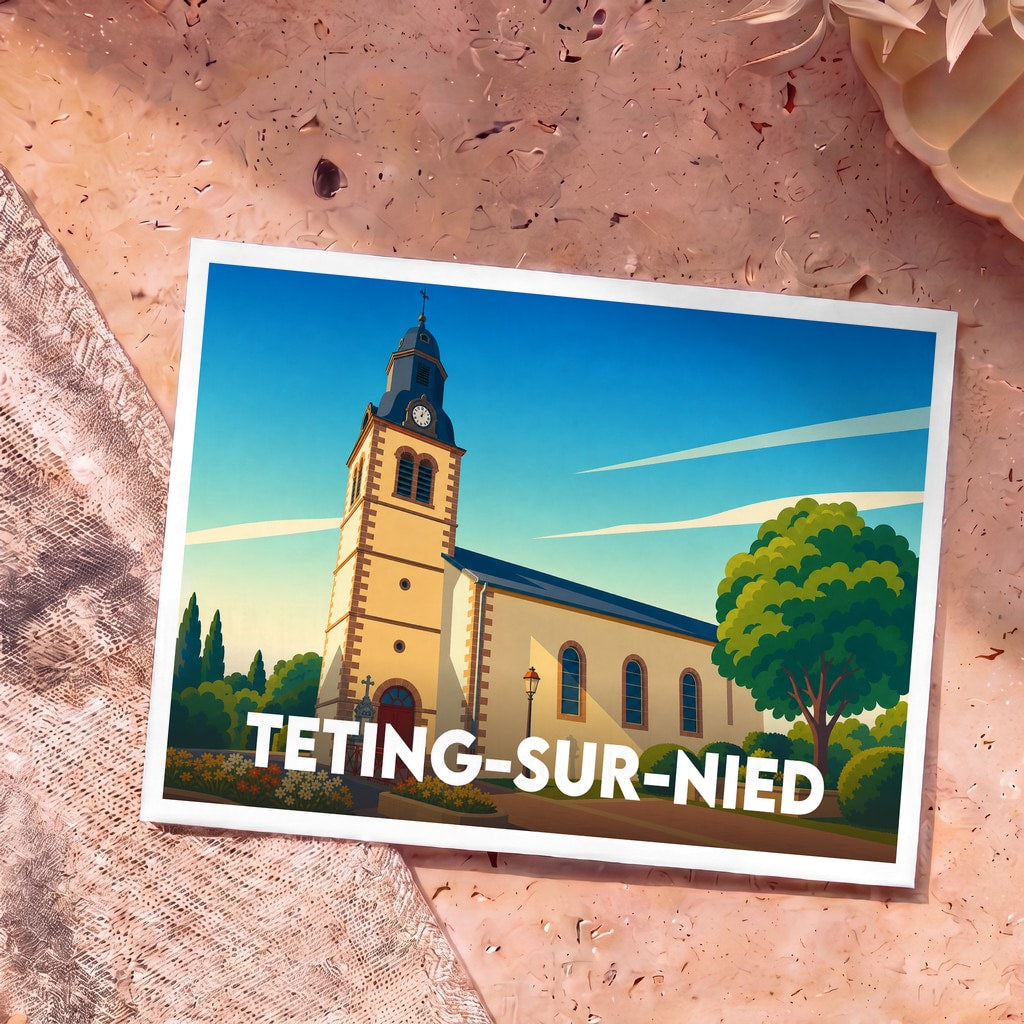 Carte postale souvenir de la ville de Teting-sur-Nied avec une illustration stylisée de son église.
