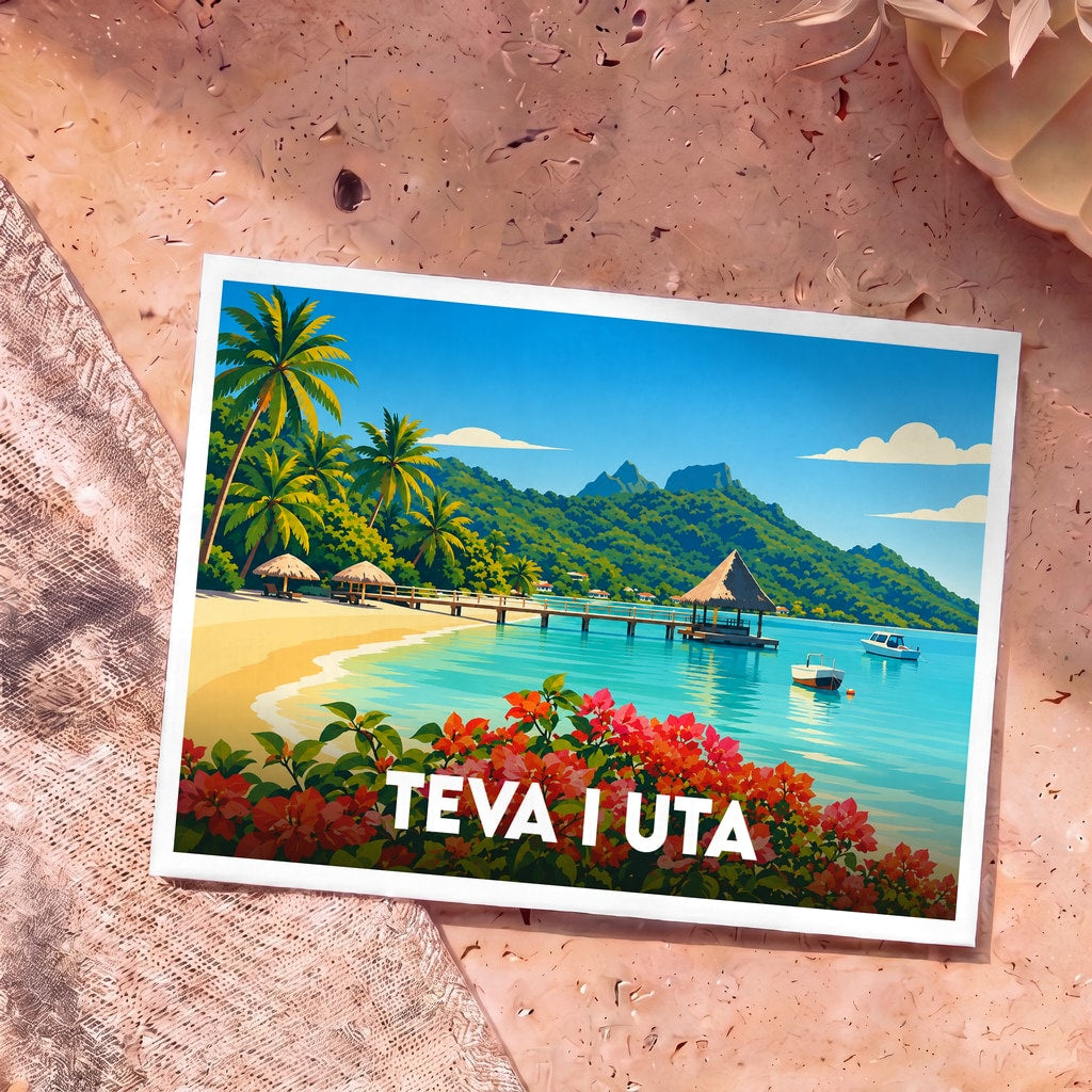 Carte postale souvenir de la ville de Teva I Uta avec une illustration stylisée d'un paysage tropical.