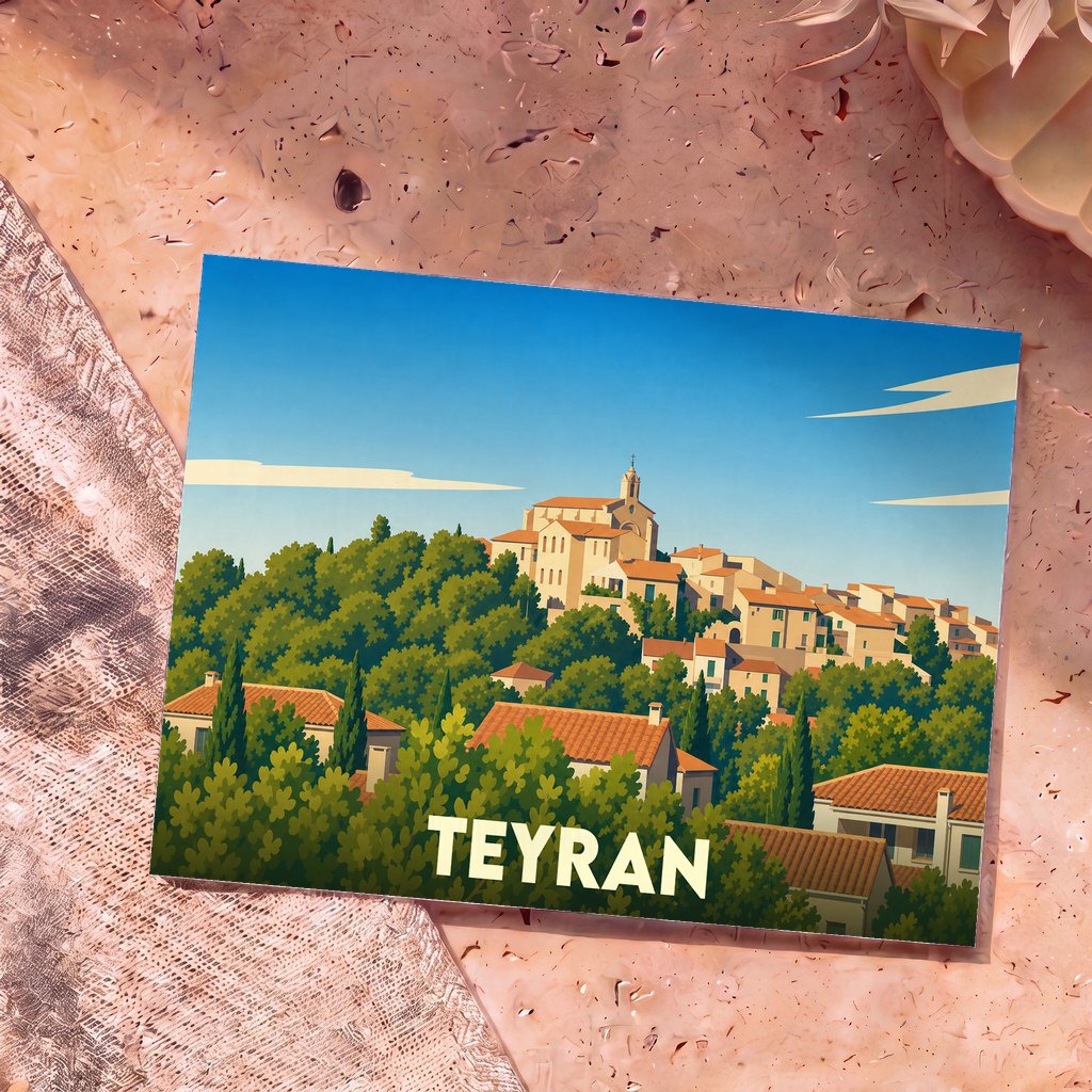 Carte postale souvenir de la ville de Teyran avec une illustration stylisée d'un village perché méditerranéen.