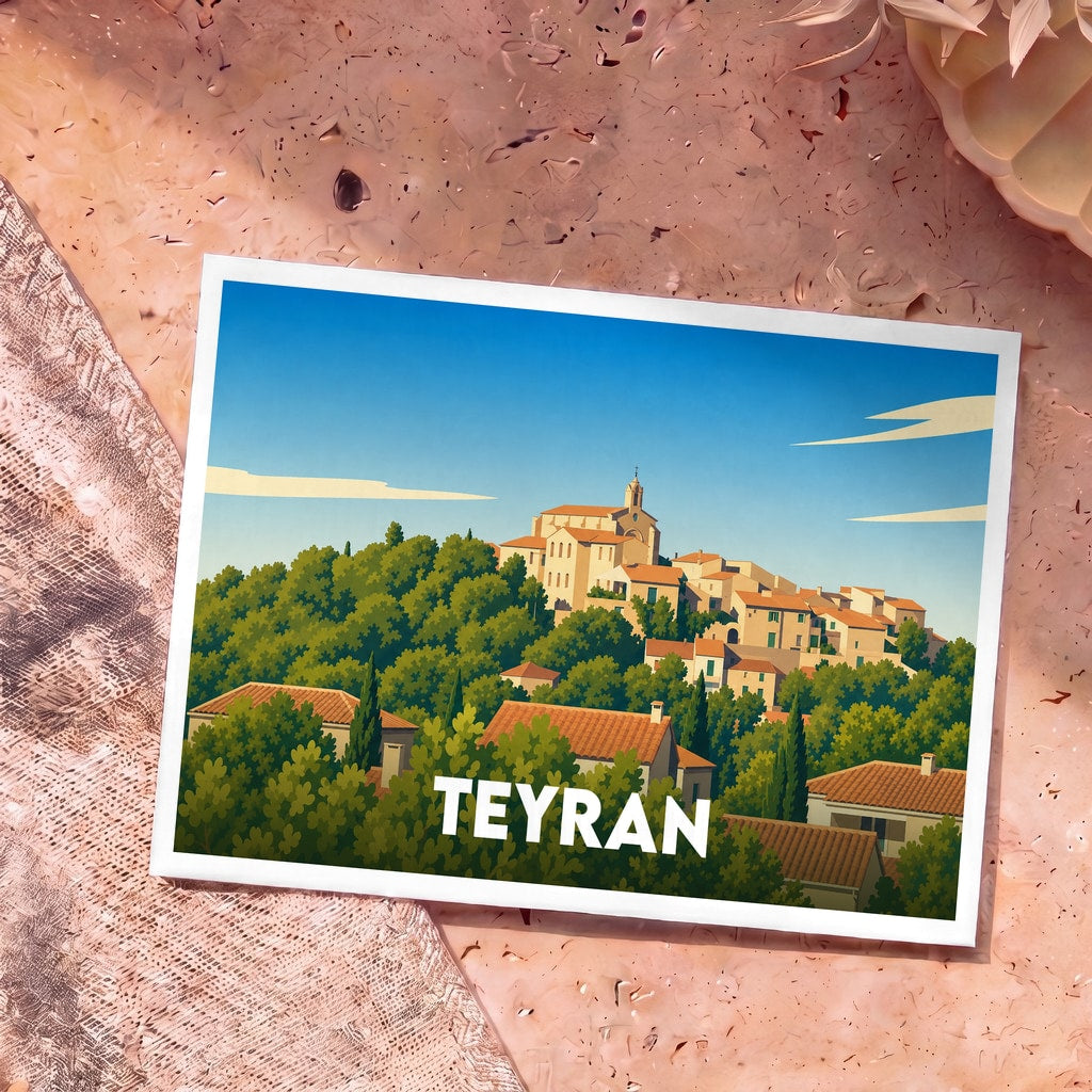 Carte postale souvenir de la ville de Teyran avec une illustration stylisée d'un village perché méditerranéen.