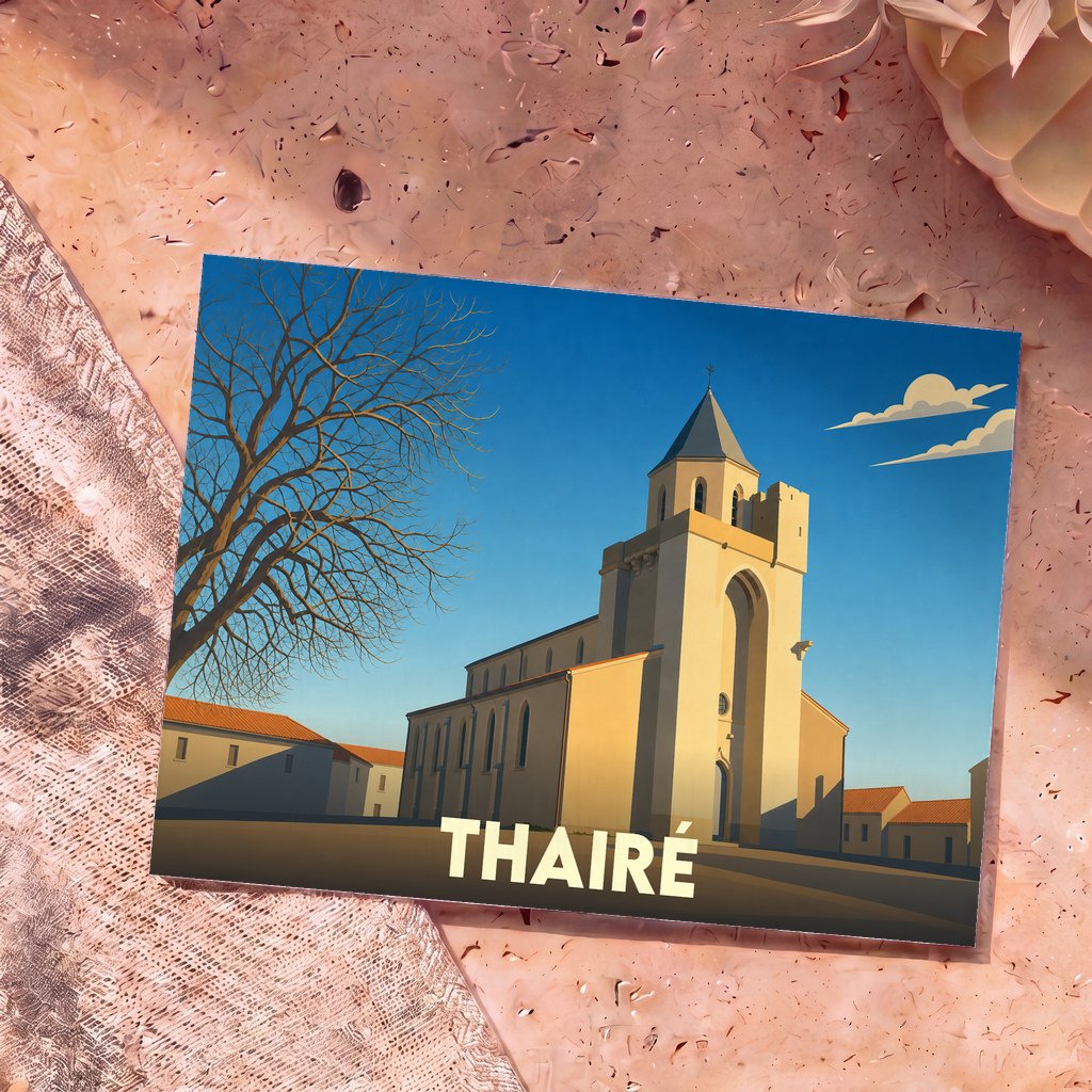 Carte postale souvenir de la ville de Thairé avec une illustration stylisée de son église sous un ciel bleu.