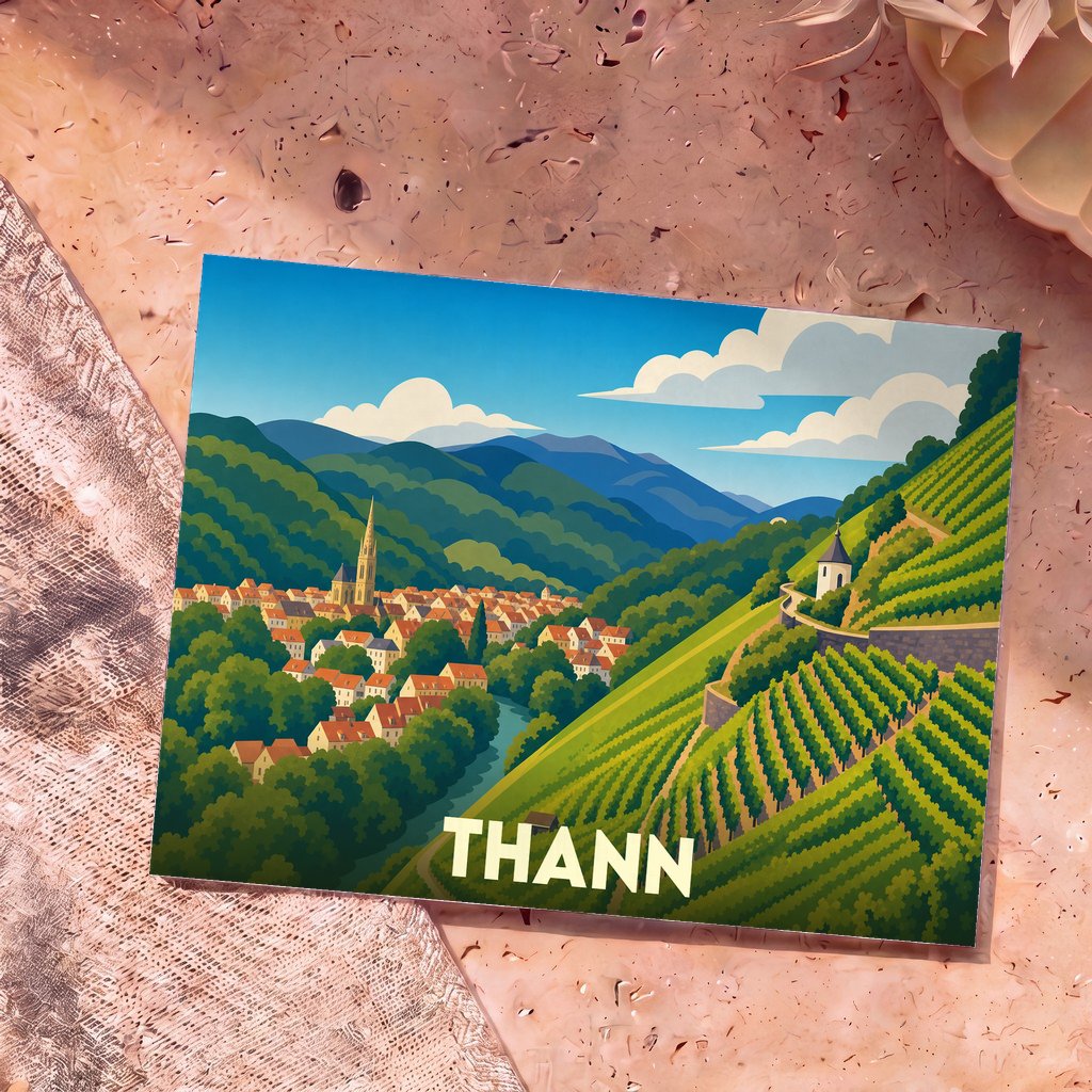 Carte postale souvenir de la ville de Thann avec une illustration stylisée de ses vignobles et de son église.