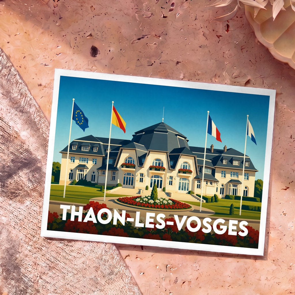 Carte postale souvenir de la ville de Thaon-les-Vosges illustrant la Rotonde sous un ciel bleu.