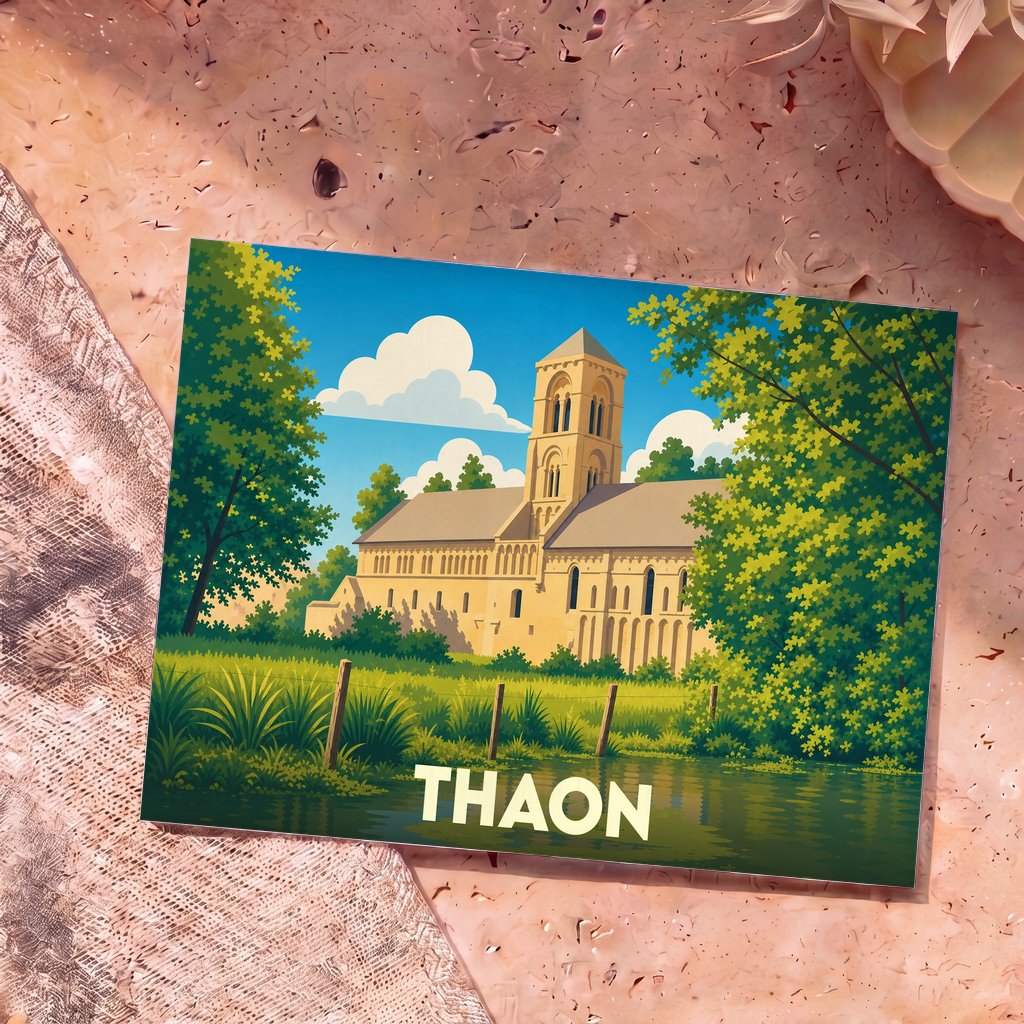 Carte postale souvenir de la ville de Thaon avec une illustration stylisée de son église romane au bord de l'eau.