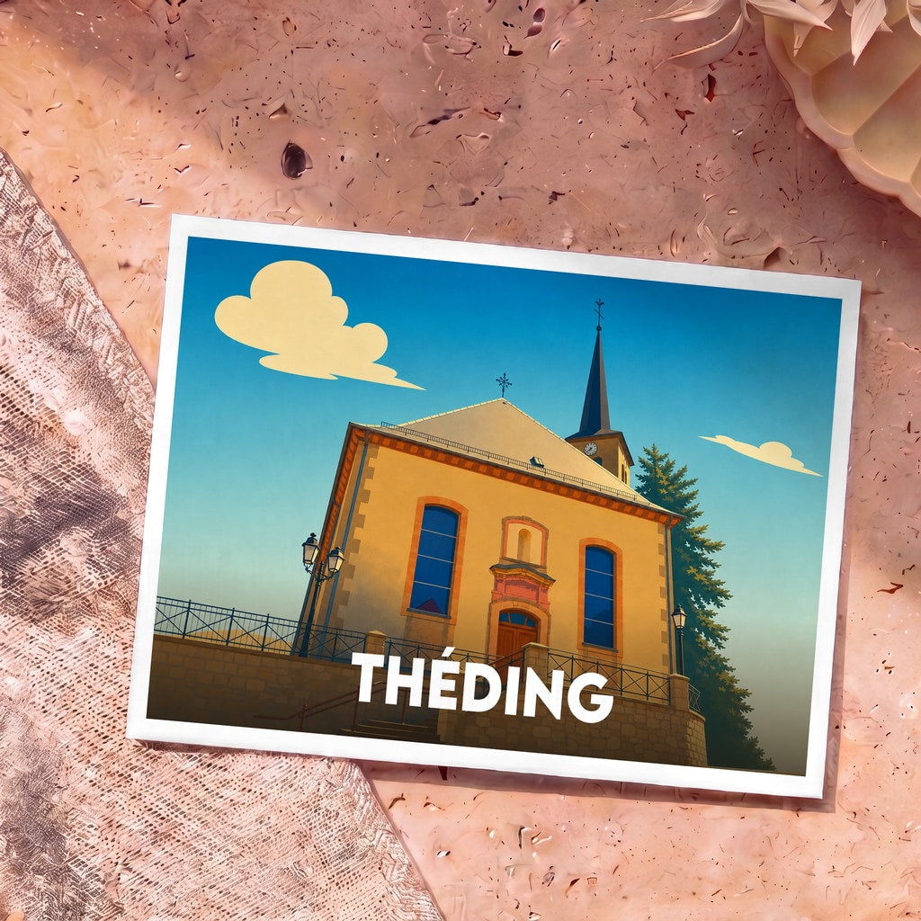 Carte postale souvenir de la ville de Théding avec une illustration stylisée de son église sous un ciel bleu.