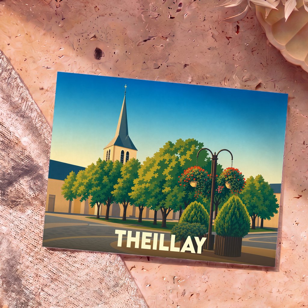 Carte postale souvenir de la ville de Theillay avec une illustration stylisée de son église et de sa place arborée.