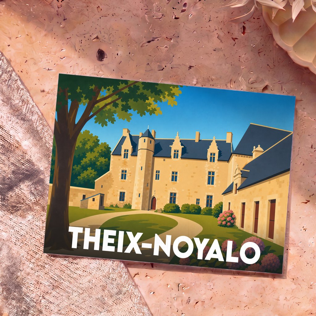 Carte postale souvenir de la ville de Theix-Noyalo illustrant un château breton dans un style graphique épuré.
