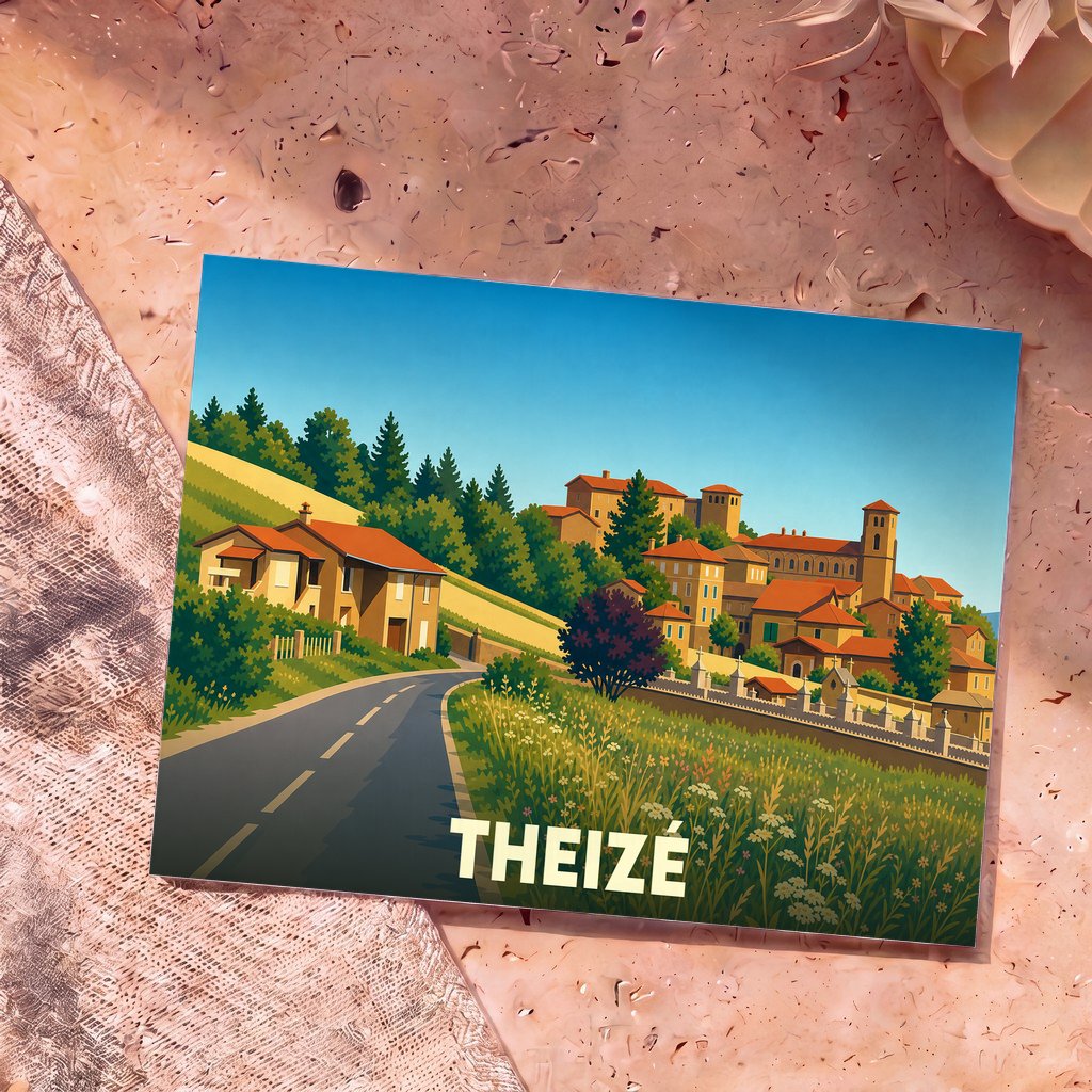 Carte postale souvenir de la ville de Theizé avec une illustration stylisée et colorée de son paysage villageois.