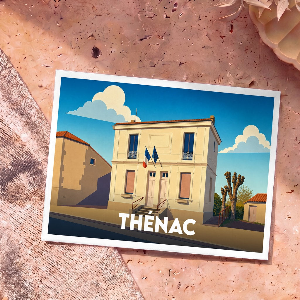 Carte postale souvenir de la ville de Thénac illustrant sa mairie dans un style graphique épuré.