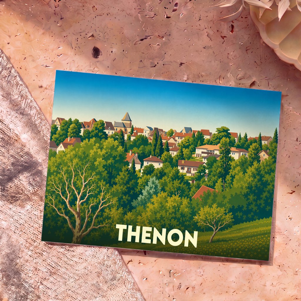 Carte postale souvenir de la ville de Thenon avec une illustration stylisée et colorée du village niché dans la verdure.