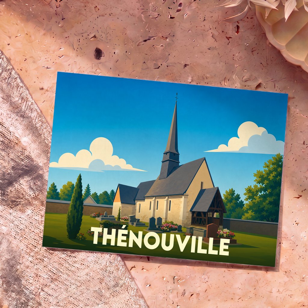 Carte postale souvenir de la ville de Thénouville avec une illustration stylisée de son église.