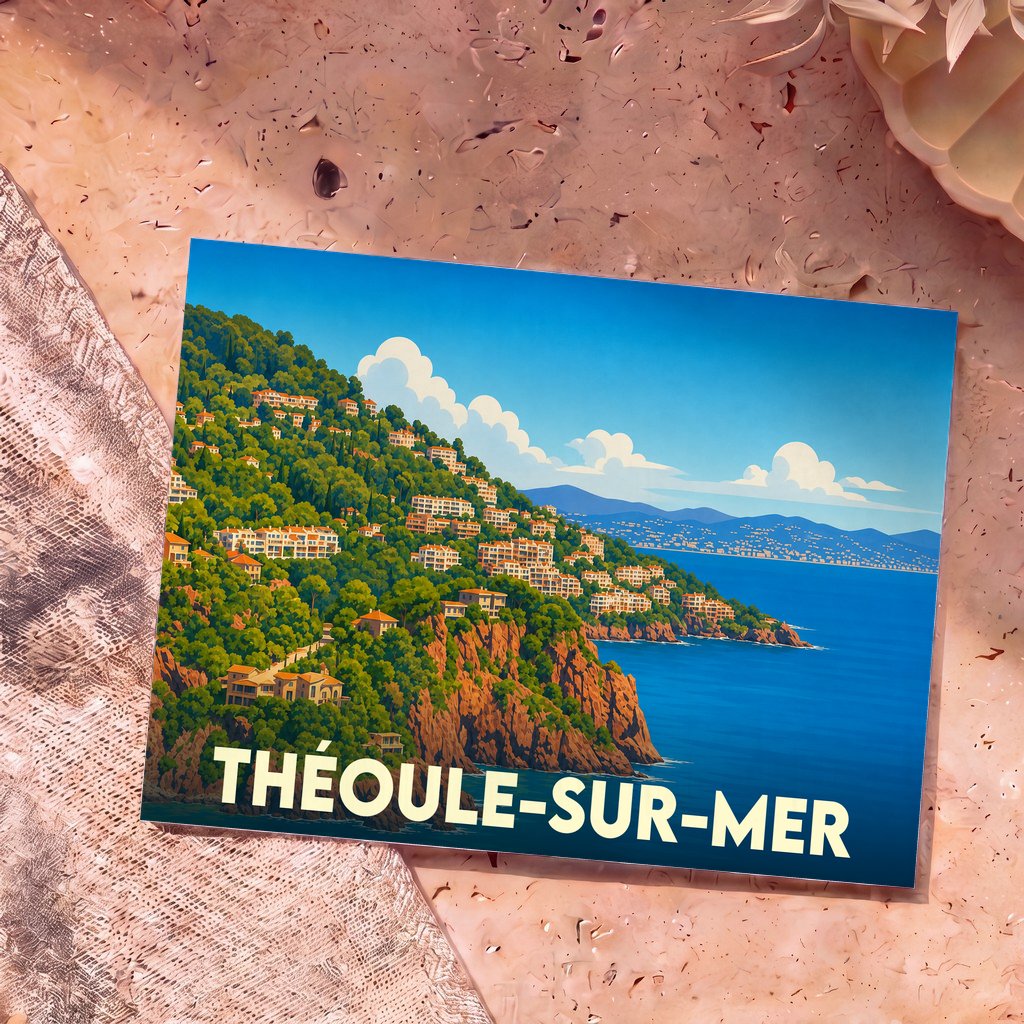 Carte postale souvenir de la ville de Théoule-sur-Mer avec une illustration stylisée de ses collines surplombant la mer.