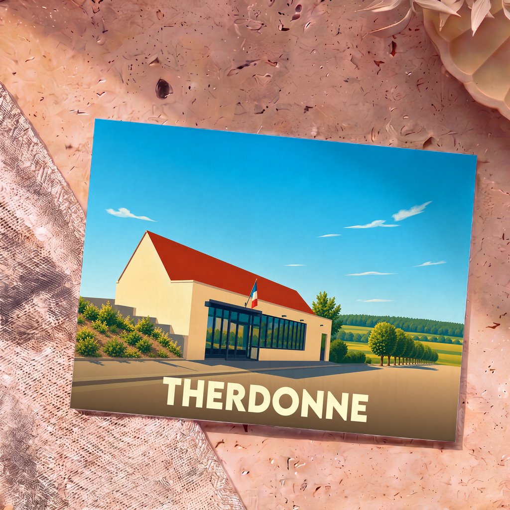 Carte postale souvenir de la ville de Therdonne arborant une illustration stylisée et colorée de la mairie.