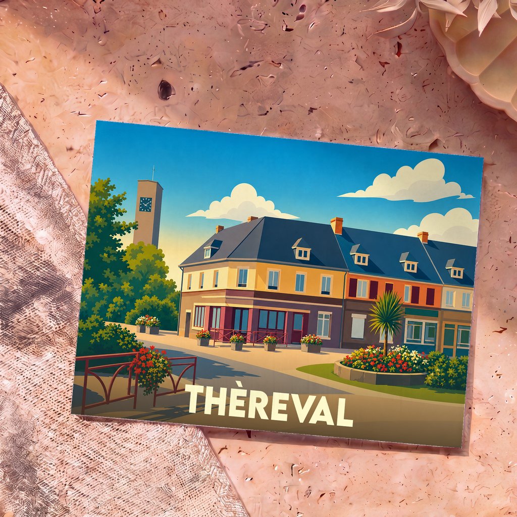 Carte postale souvenir de la ville de Thèreval illustrant un paysage urbain coloré au style graphique.