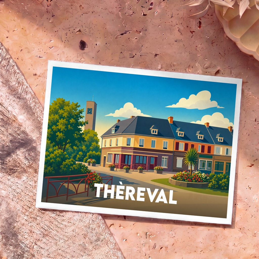Carte postale souvenir de la ville de Thèreval illustrant un paysage urbain coloré au style graphique.